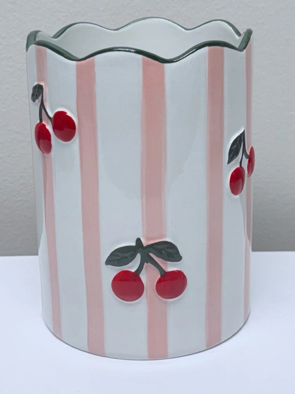 Ceramic Utensil Holder - Pink & White Striped with Cherry Design Target Bullseye